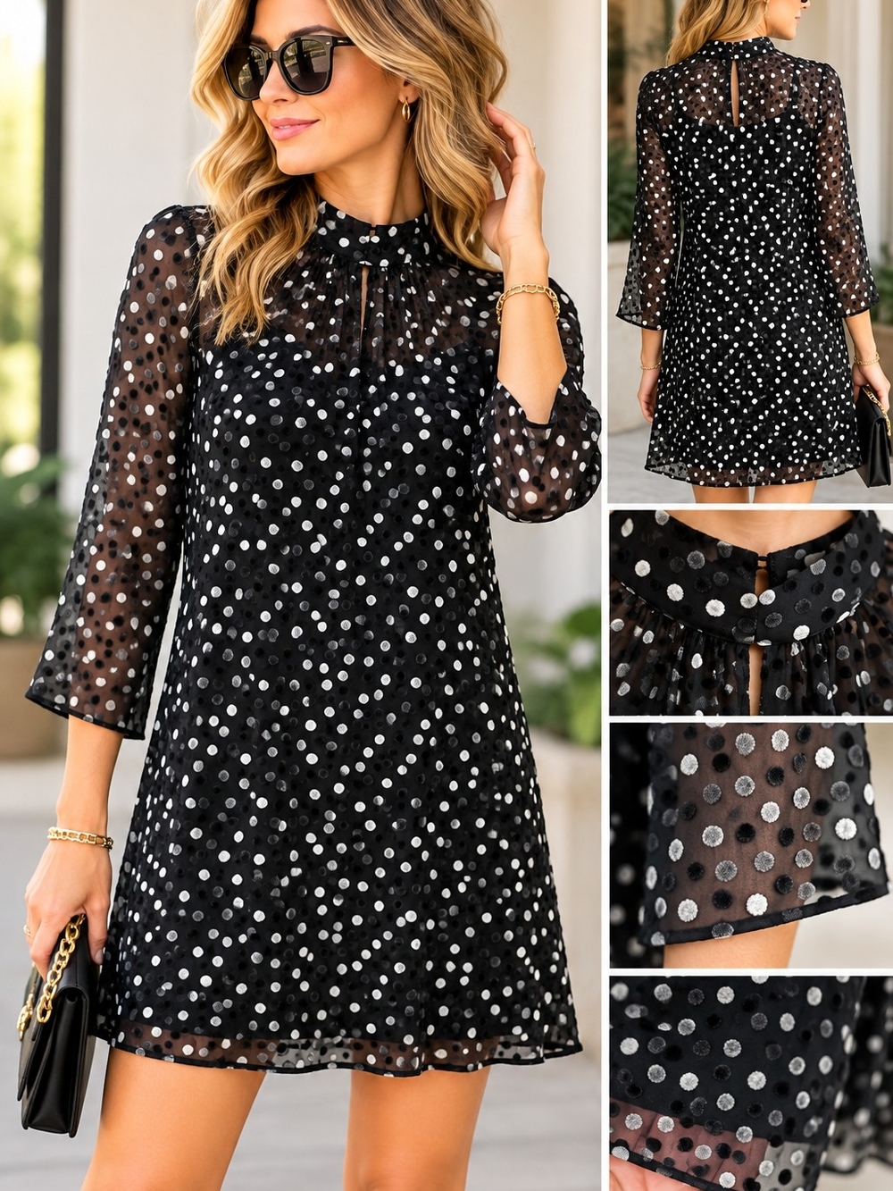 Rebecca Taylor Black Polka Dot Silk Blend Dress Size 8